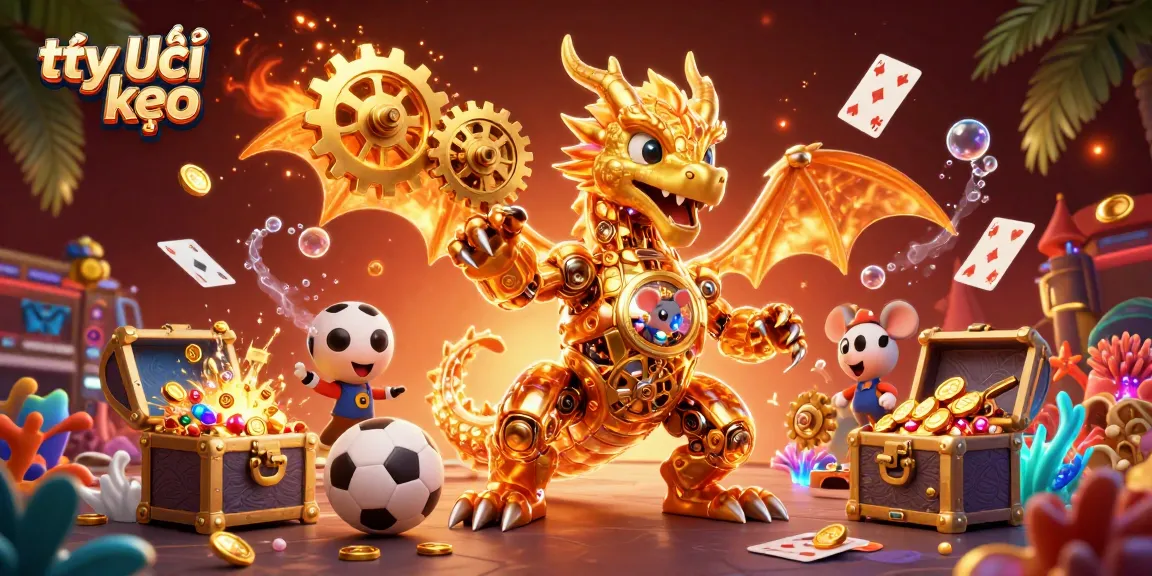 Engage with tỷ lệ kèo dynamics in sports betting with a vibrant 3D dragon and gold treasures.