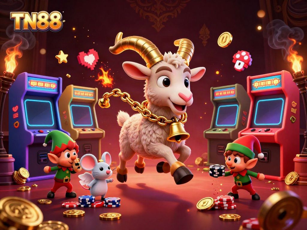Witness TN88's holiday-horror casino scene with a Krampus goat, angel mouse, and naughty elf gremlins.