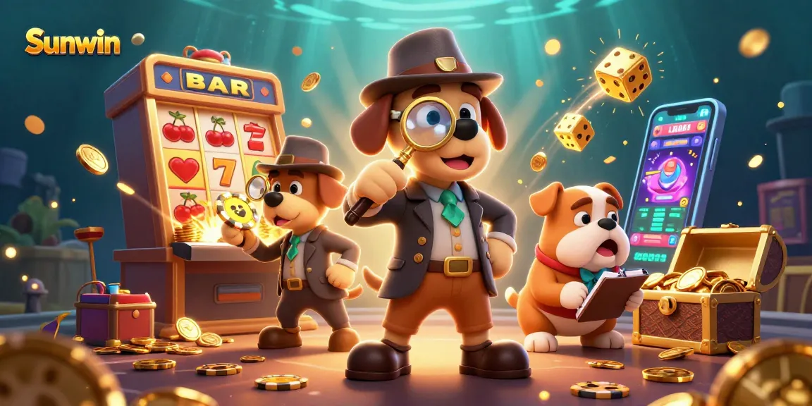 Sunwin offers thrilling gaming fun with detective characters exploring jackpot treasures in an engaging casino scene.