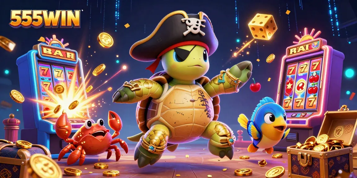 Experience 555WIN's vibrant world of casino games with a playful pirate turtle and treasure!
