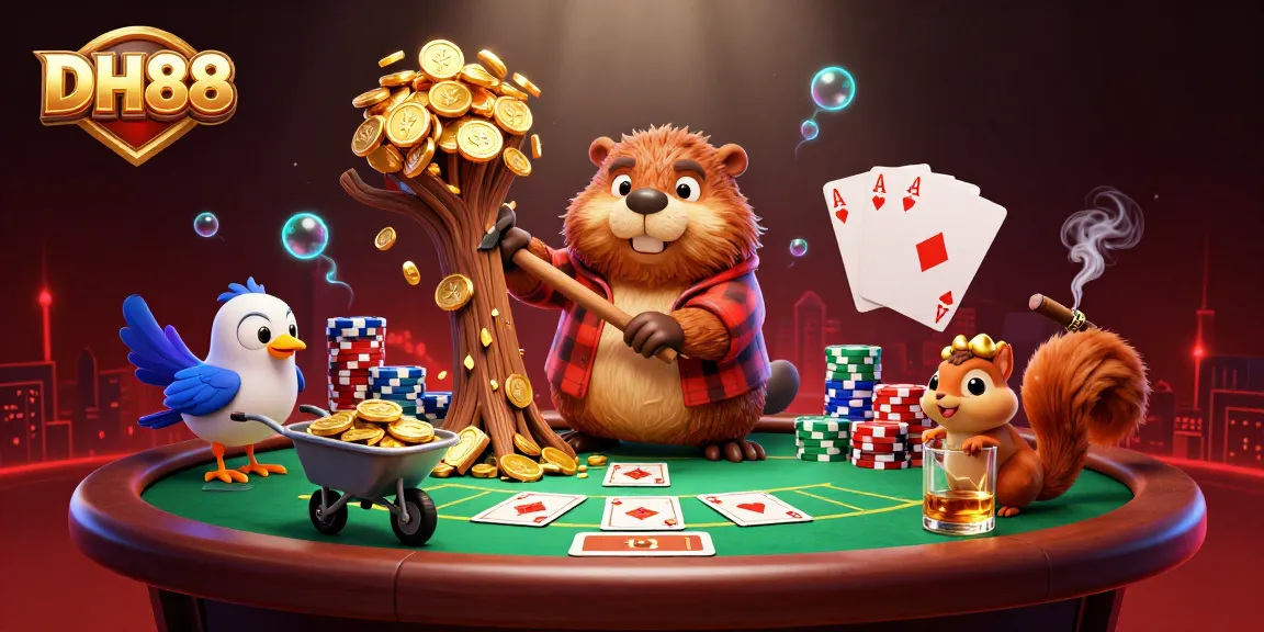 Experience the thrill of DH88 with a beaver gambler surrounded by golden coins and poker action.
