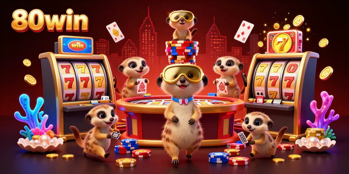 Experience the thrill of 80win with a playful meerkat casino scene full of exciting gaming elements.