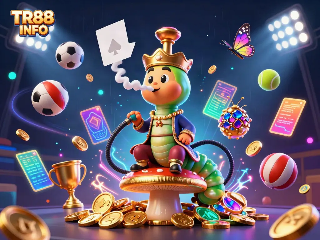 Engage with TR88 INFO in a vibrant online casino scene featuring a whimsical caterpillar smoking poker symbols.