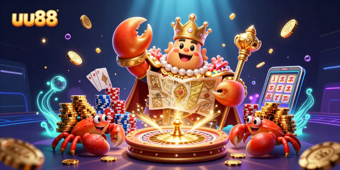 Experience thrilling gameplay at uu88 with a vibrant 3D casino illustration showcasing a golden crab emperor and dynamic game elements.