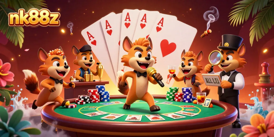 Experience nk88z live comedy casino fun with hyenas, poker chips, and vibrant characters.