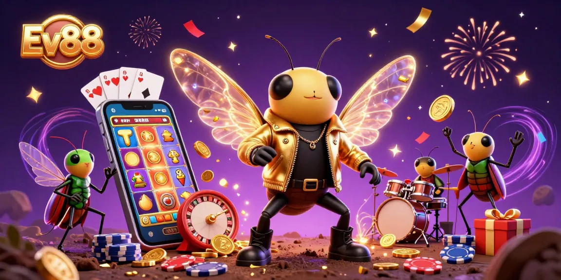 Experience the excitement of Ev88 with a vibrant 3D casino scene featuring a rock star and games.