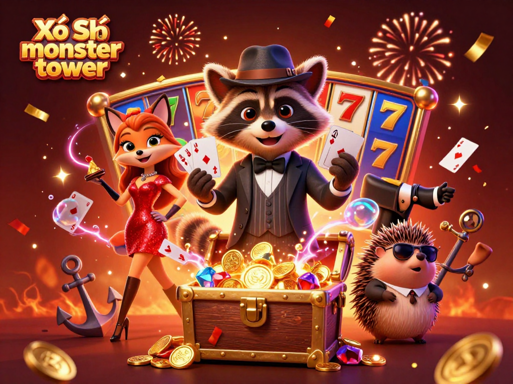 Xổ Số monster tower energizes players with a vibrant casino scene featuring characters interacting with dynamic game elements, showcasing adrenaline-pumping action.