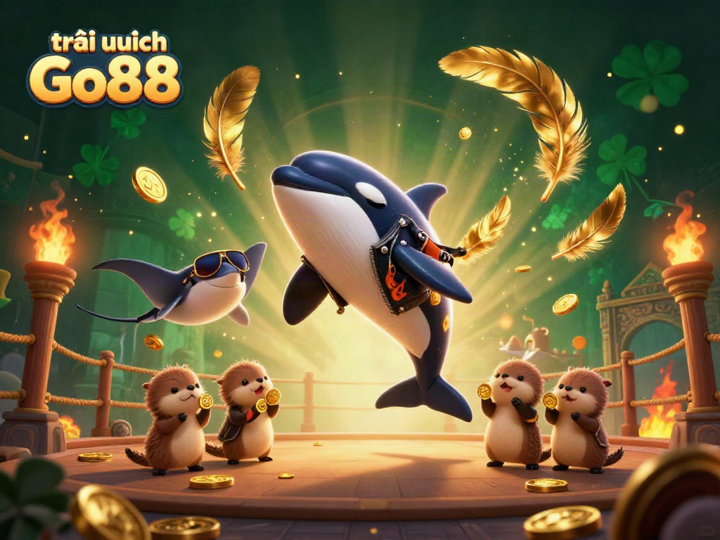 Experience Go88 with a cartoon orca, stingray, and otters in a dynamic casino scene