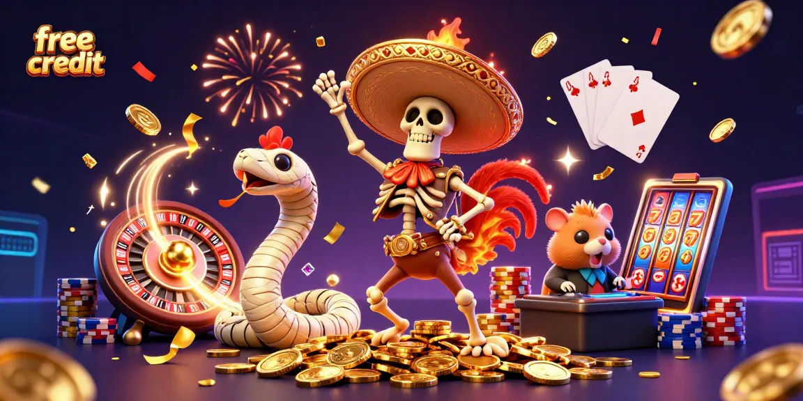 Experience free credit offers with playful casino characters celebrating in a vibrant, dynamic scene.