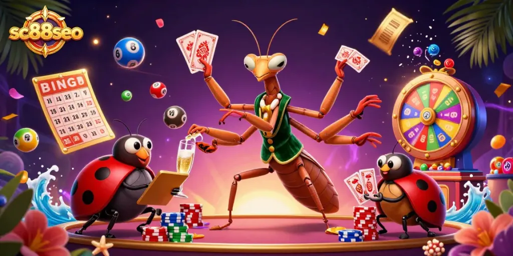 Engage with sc88seo's lively casino scene featuring a mantis card sharp and ladybug pit boss.
