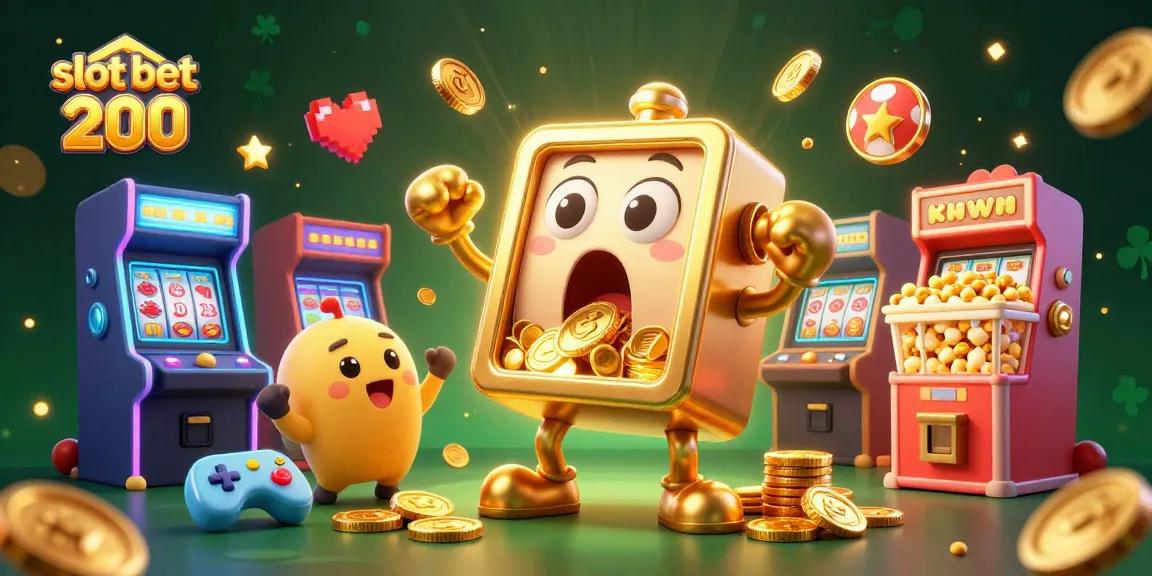 Slot bet 200 terlihat dalam ilustrasi ceria slot mesin dengan jackpot yang mengalirkan koin.