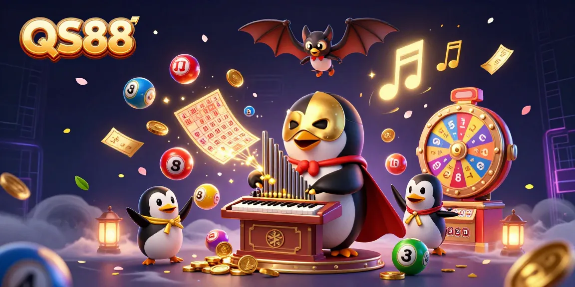 Experience QS88's thrilling gaming atmosphere with a vibrant scene of the penguin and dynamic casino elements.