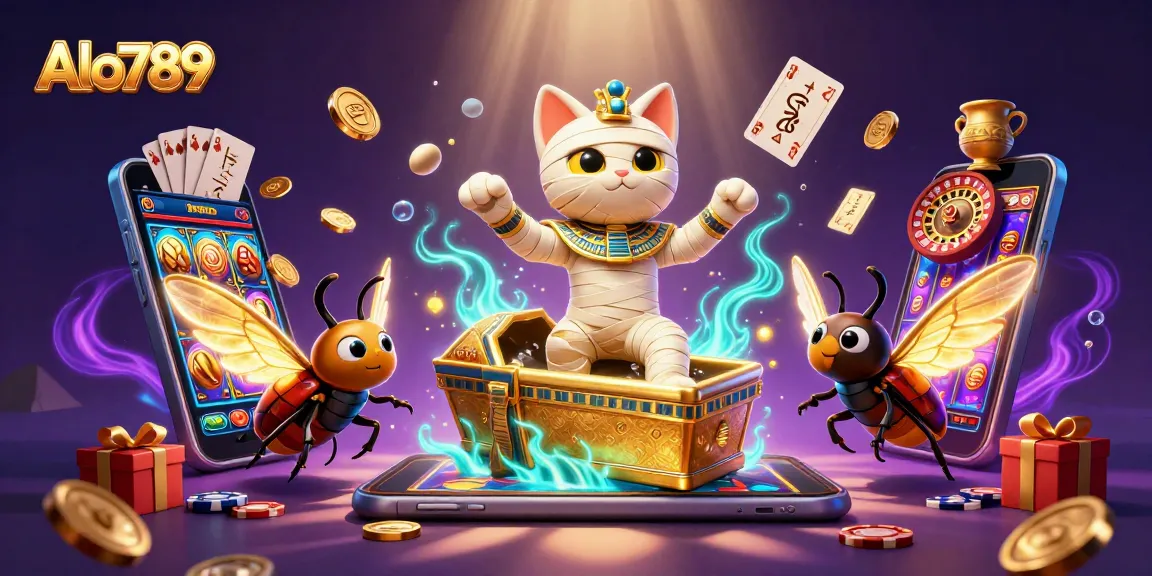 Alo789 hosts a dynamic casino scene with a colorful 3D rendered mummy cat and glowing scarab showcasing vibrant slot games.
