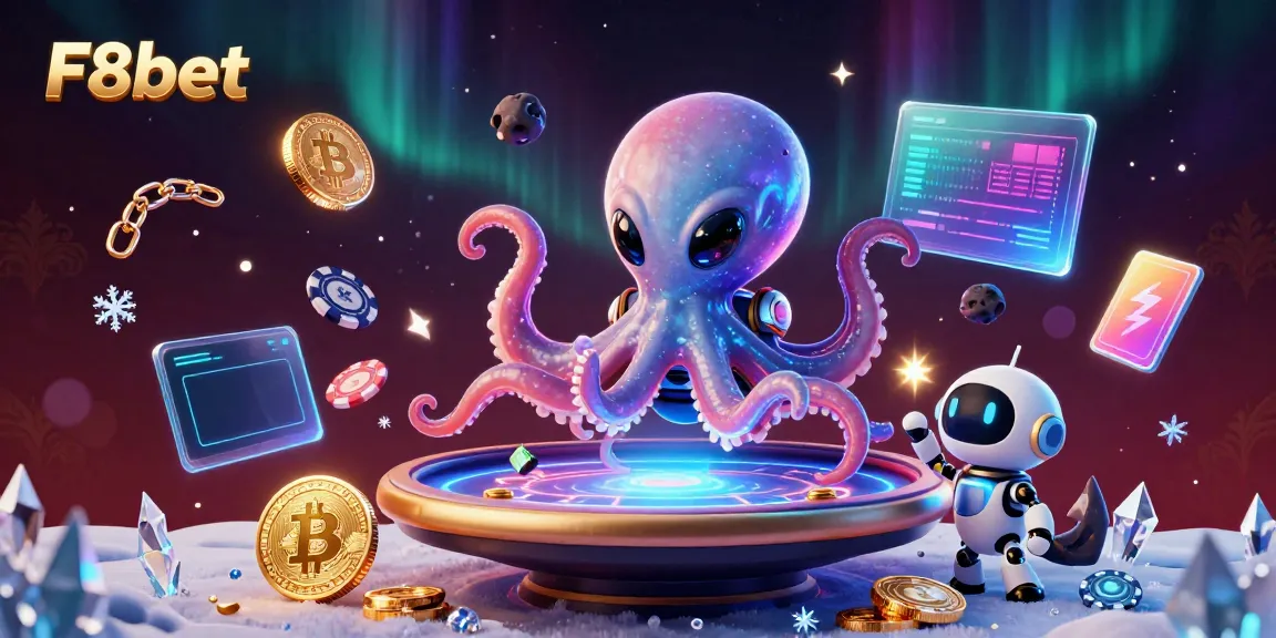 Engage with F8bet's vibrant gaming universe featuring an alien octopus and a robot at a holographic poker table.