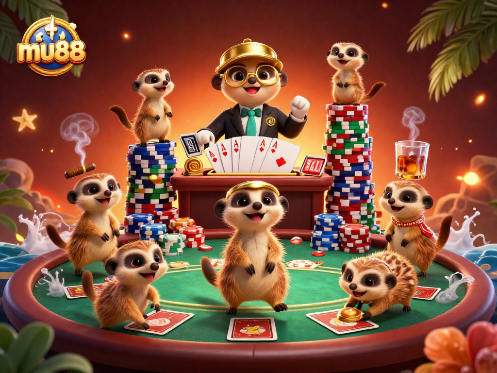 Engage in thrilling card games at mu88 with a lively casino scene featuring clever meerkats.