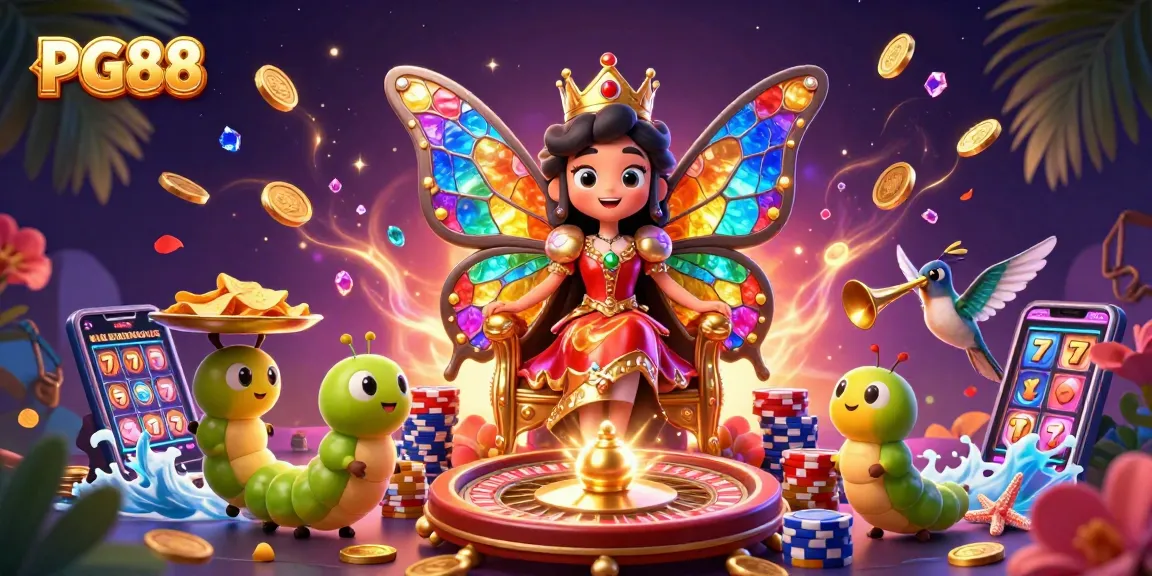 Spin the reels with PG88's vibrant casino scene featuring a butterfly queen and golden chips.