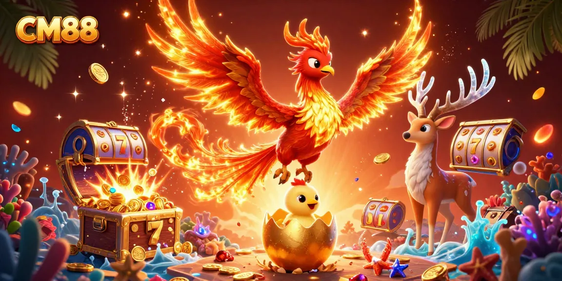 Experience the excitement of CM88 as the fire phoenix and baby chick soar among slot reels and treasures.