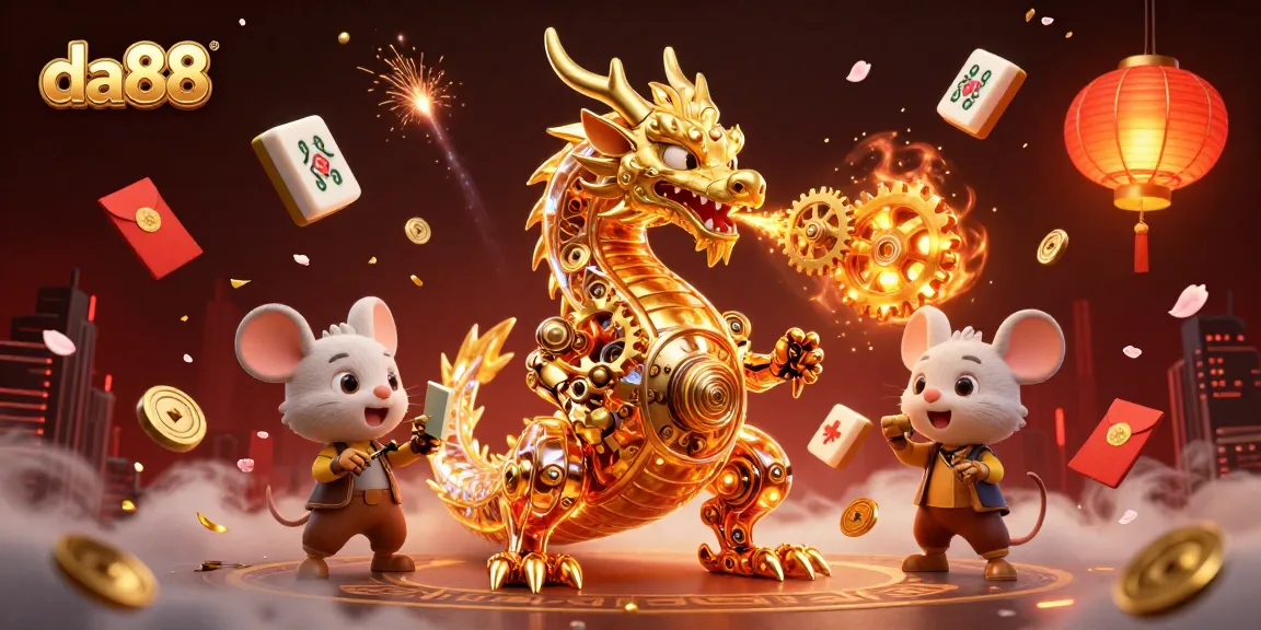 Engage with da88's unique casino experience highlighted by a biomechanical dragon and vibrant gaming elements.