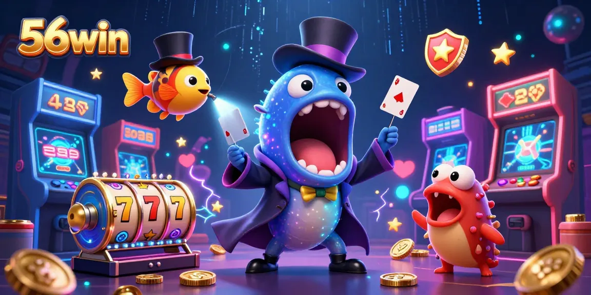 Experience the magic of 56win with a cartoon eel performing tricks amidst vibrant casino elements.