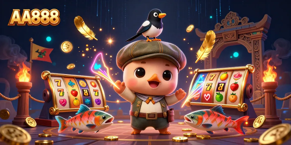 Engage with the excitement of AA888, featuring a playful Nessie and lucky symbols in a vibrant casino scene.