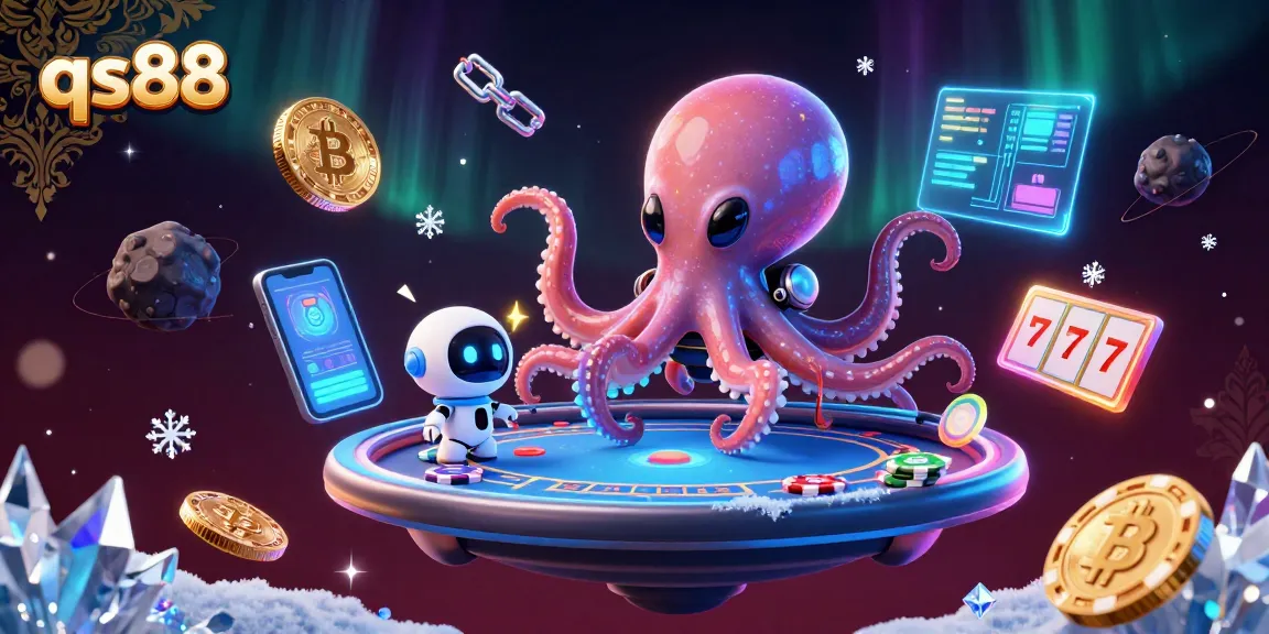 Engage with qs88's vibrant 3D portrayal of a cosmic poker game featuring an alien octopus and robotic companion.