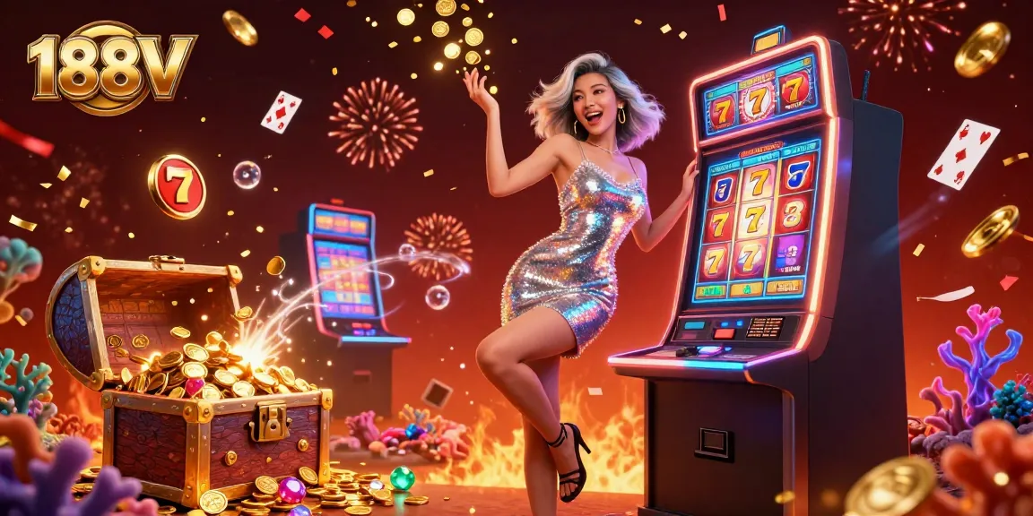 Play slots to win at 188V with a glamorous Asian woman celebrating at a jackpot.
