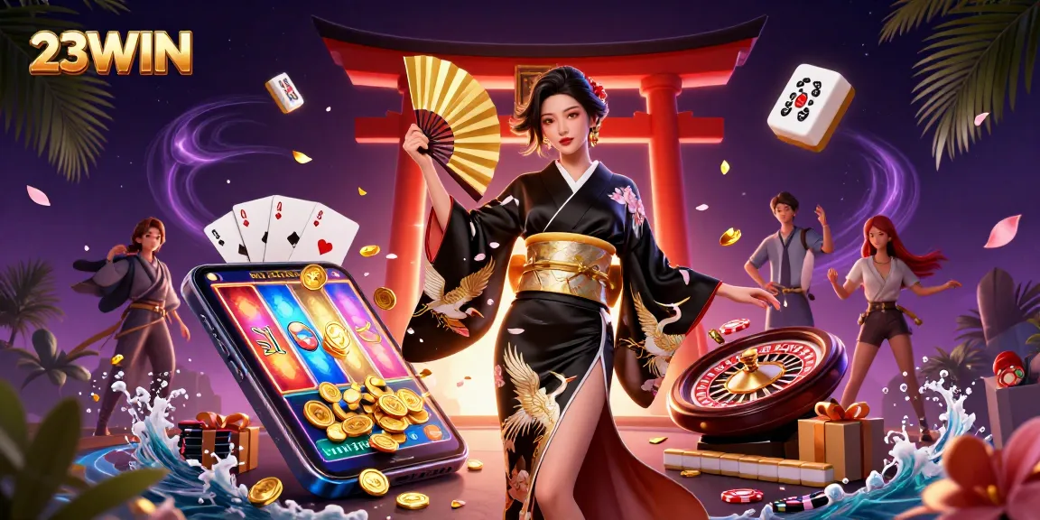 Engage with thrilling slots at 23WIN, featuring an elegant Asian woman in a modern kimono amidst vibrant casino elements.