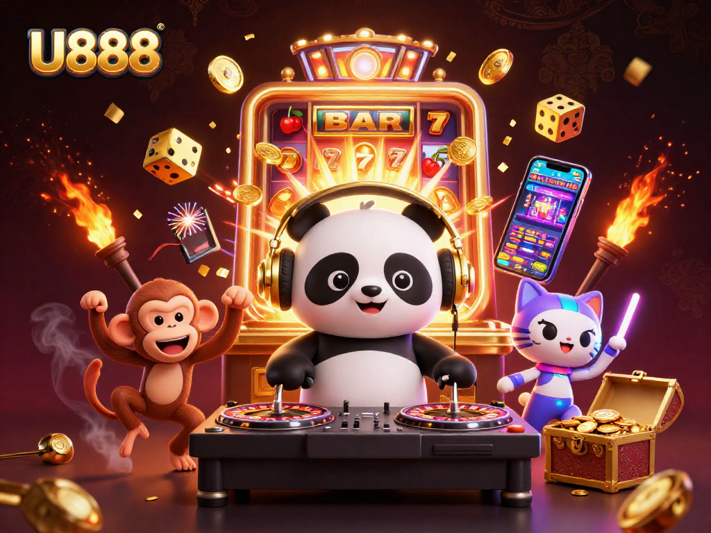 Experience the thrilling U888 online casino with DJ panda and vibrant characters amidst jackpots and games.
