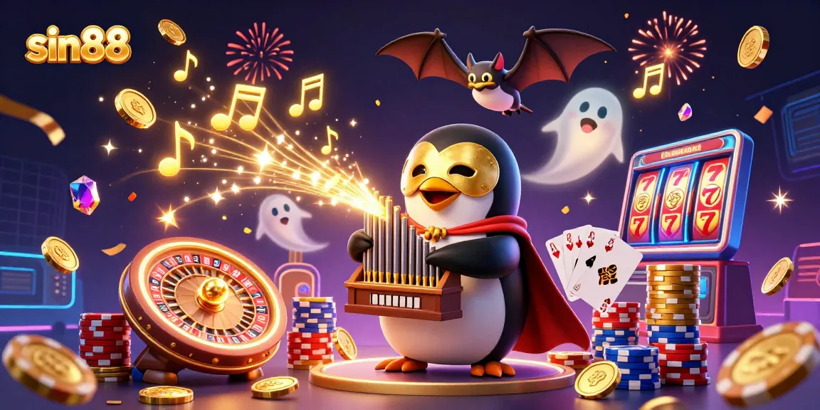 Experience the thrill of sin88 with a cartoon phantom opera penguin, golden coins, and casino elements.