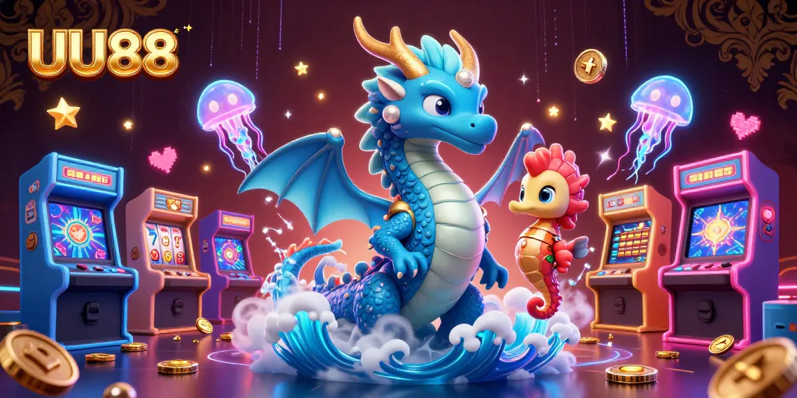 Experience gameplay action with UU88 as a water dragon and seahorse knight amidst vibrant slots and arcade machines.