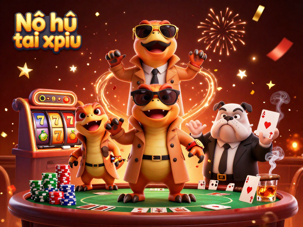 Experience Nổ hũ tài xỉu with dynamic slot reels and three raptors gaining entry to the VIP lounge.