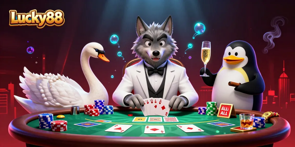Experience thrilling action at Lucky88 with a debonair wolf, elegant swan dealer, and sophisticated penguin in vibrant casino scene.