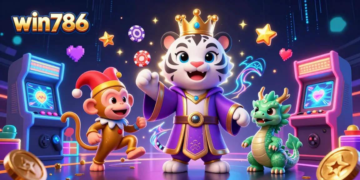 win786 captivates players with a vibrant casino scene of a royal tiger, jester monkey, and jade dragon amidst lively gaming elements.