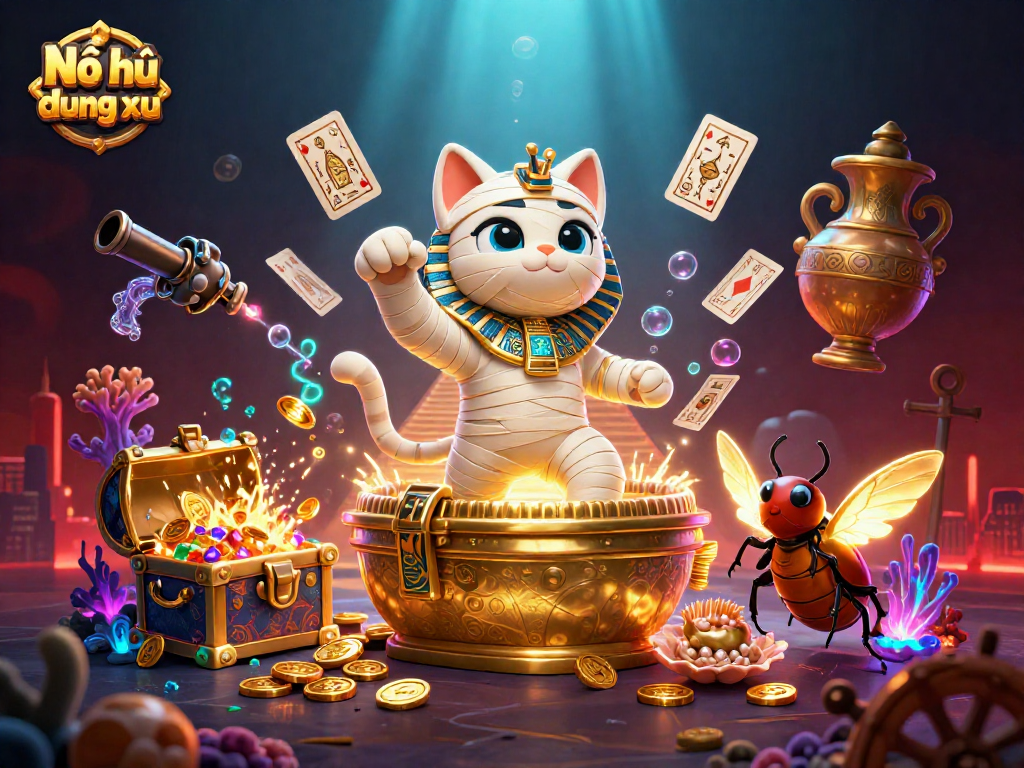 Nổ hũ tung đồng xu showcases an Egyptian mummy cat in a casino scene with treasures and glowing elements.