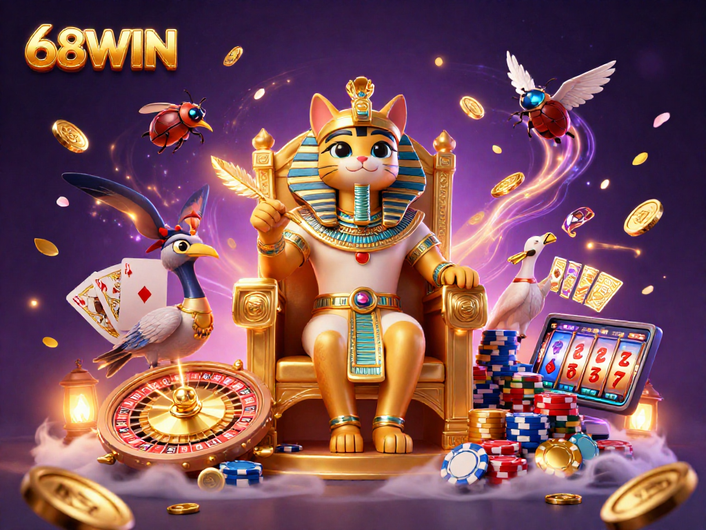 Experience exhilarating wins at 68WIN with a vibrant 3D casino illustration featuring pharaoh cat and dynamic gambling elements.