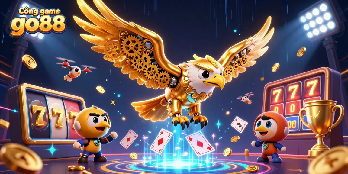 Cổng game go88 showcases a thrilling 3D scene with a cybernetic eagle soaring through dazzling slot reels and golden elements.
