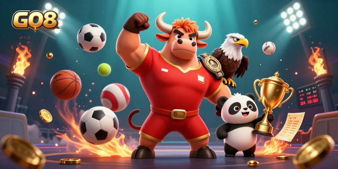 Engage in thrilling wins at GO8 with a vibrant casino-themed 3D illustration showcasing charismatic characters and dynamic gaming elements.