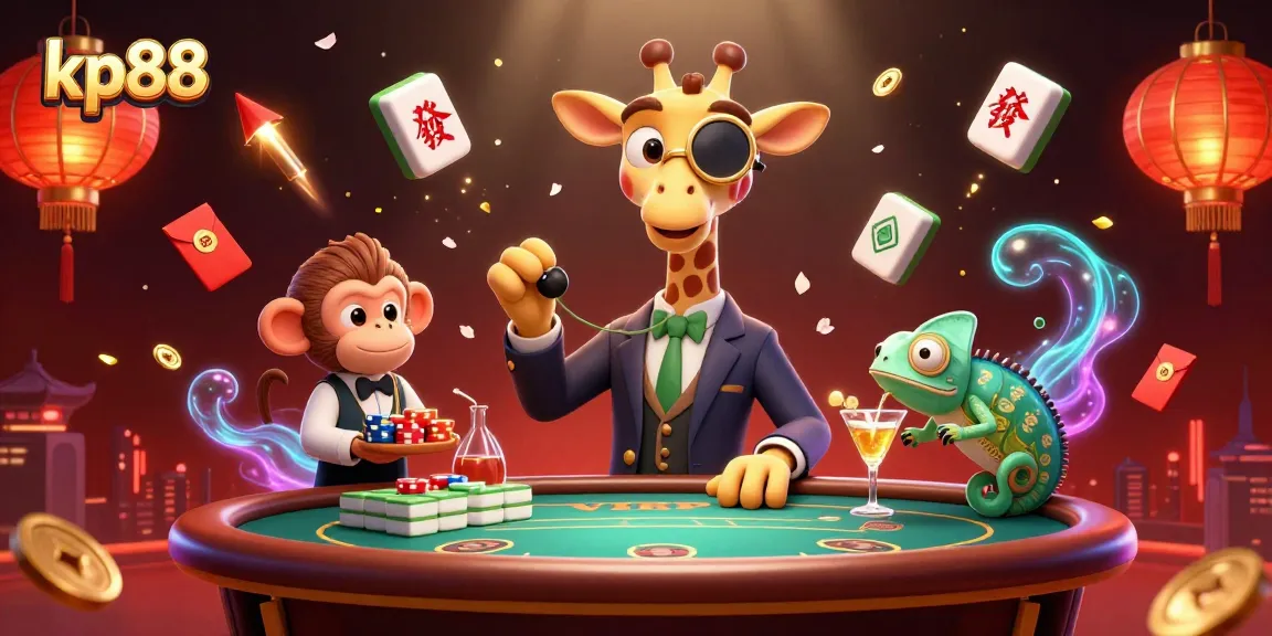 Experience the exciting world of kp88 with a vibrant 3D illustration featuring a giraffe and lively casino elements.