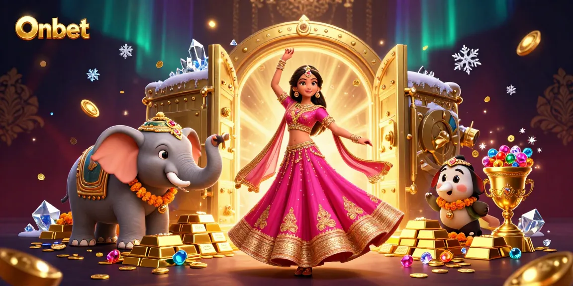 Experience Onbet’s vibrant casino scene with a dancing woman, treasures, and jewels throughout.