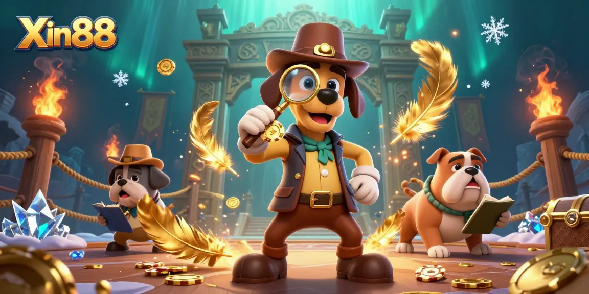 Experience Xin88 with a cartoon detective uncovering golden poker clues in a vibrant casino adventure.