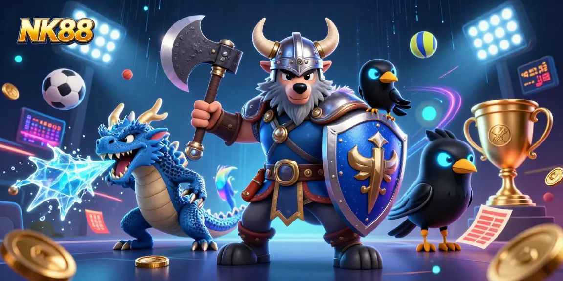 Engage in thrilling sports betting action with NK88 featuring a dynamic Viking warrior, dragon, and vibrant game elements.