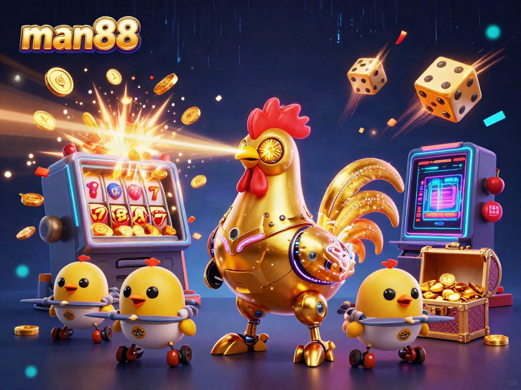 Experience thrilling gaming excitement with man88 as the golden rooster robot leads a vibrant casino scene