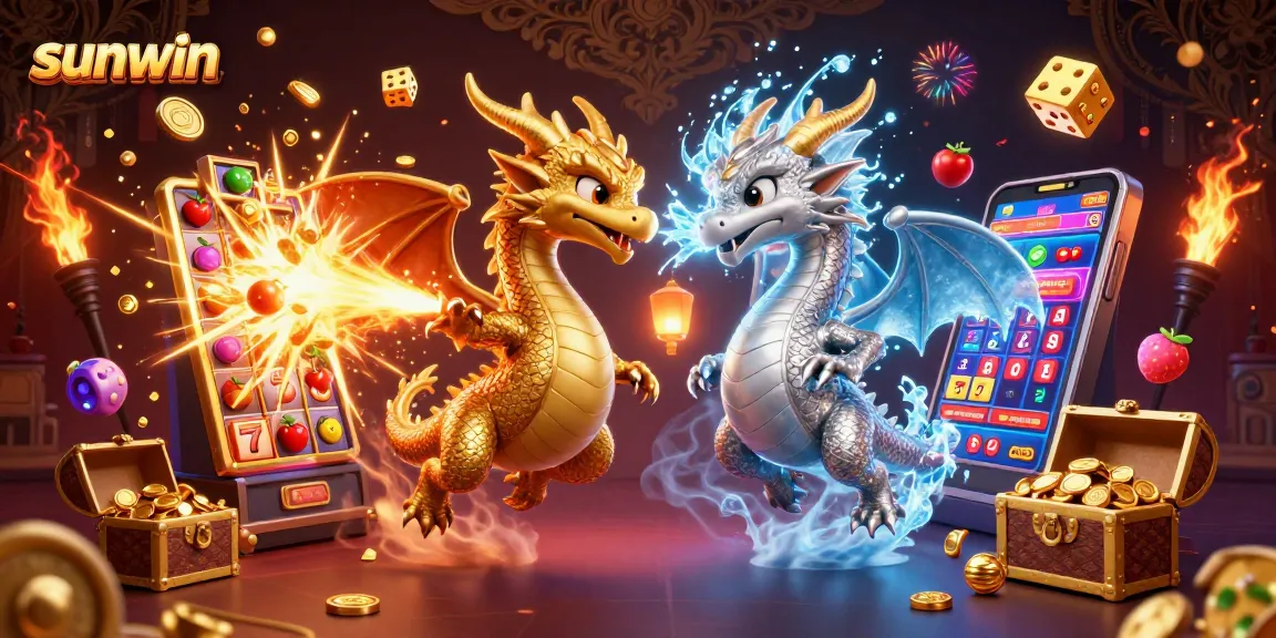 Experience excitement with sunwin's dynamic casino scene featuring dragons and jackpot slots.