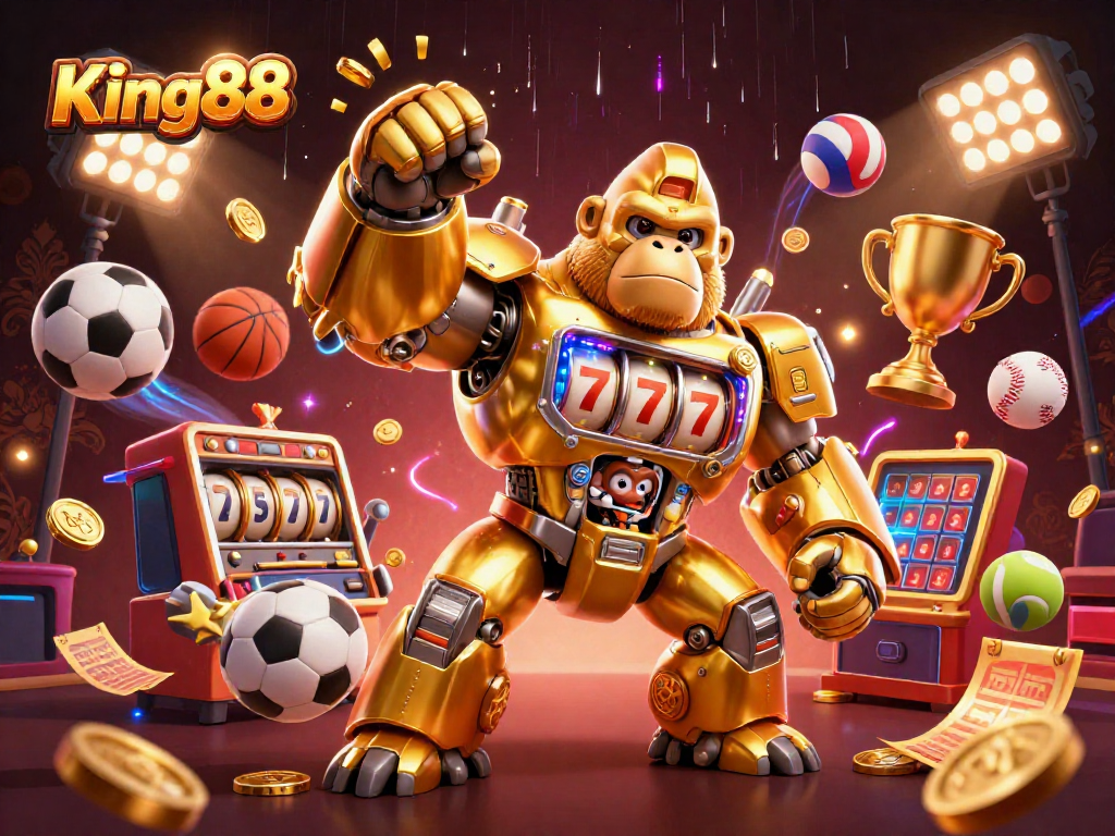 Engage with King88's dynamic gaming scene featuring a golden gorilla mech amidst flying sports elements.