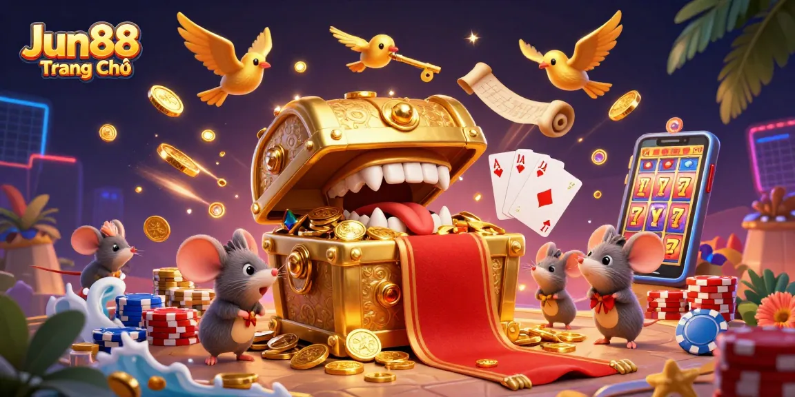Engage in thrilling gaming at Jun88 Trang Chủ with dynamic scenes of treasure chests and flying coins.