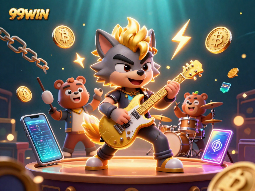 Experience the thrilling action of 99WIN with a rock star wolf and drummer bear on a vibrant casino stage.