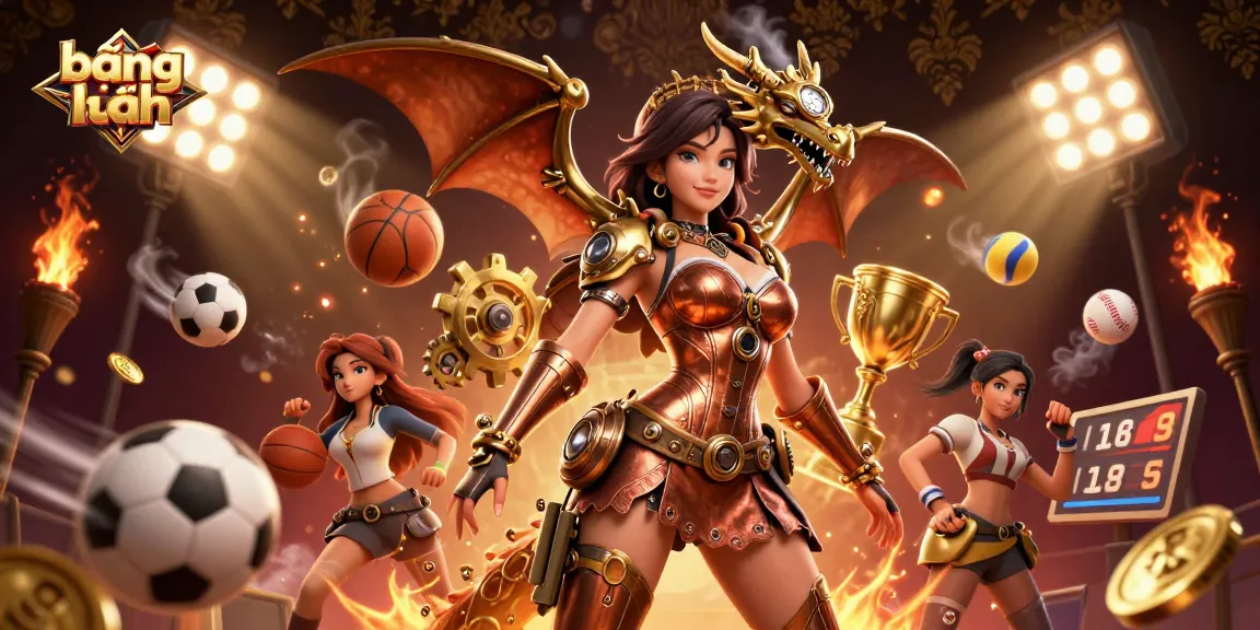 Engage with bảng xếp hạng sports ranking scene featuring interactive elements, dynamic sports balls, and a trophy.