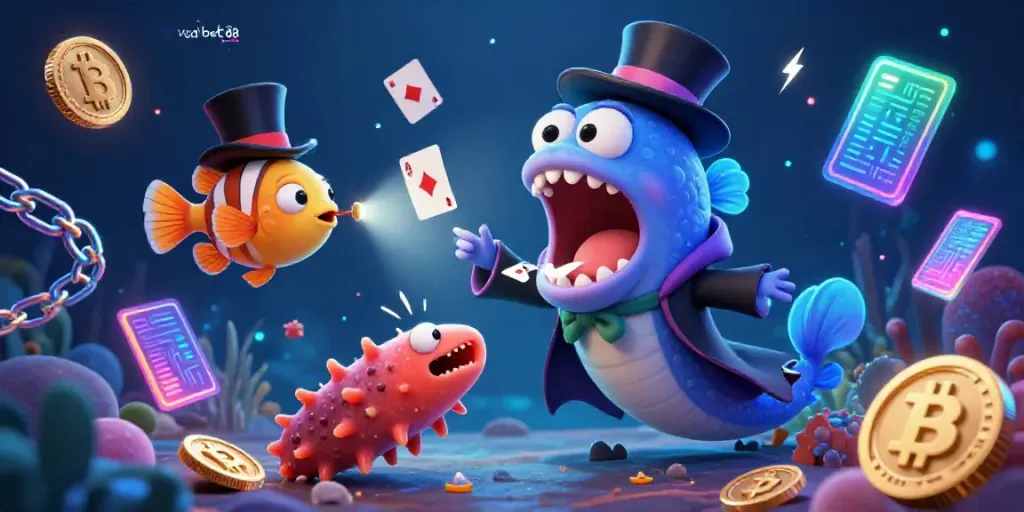 Engage with Vuabet88's thrilling gambling scene featuring unique underwater characters and vibrant elements.