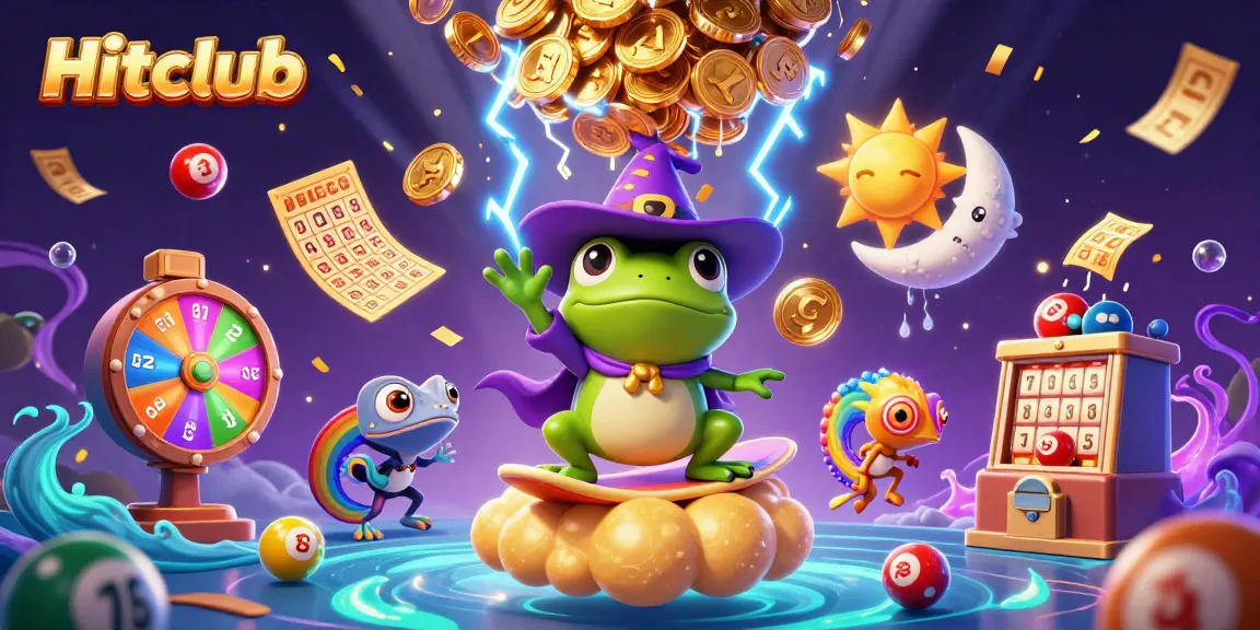 Hitclub showcases a vibrant casino scene with the wizard frog and chameleon amidst golden prizes.