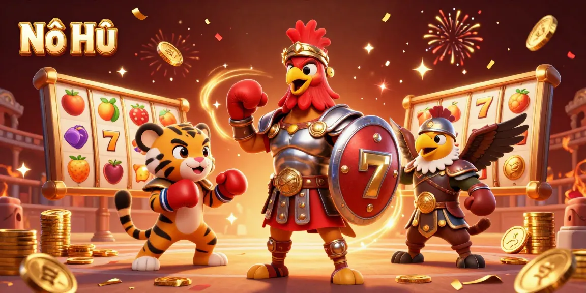 Nổ Hũ: Engage in thrilling slot play with a gladiator rooster, tiger cub, and slot reels